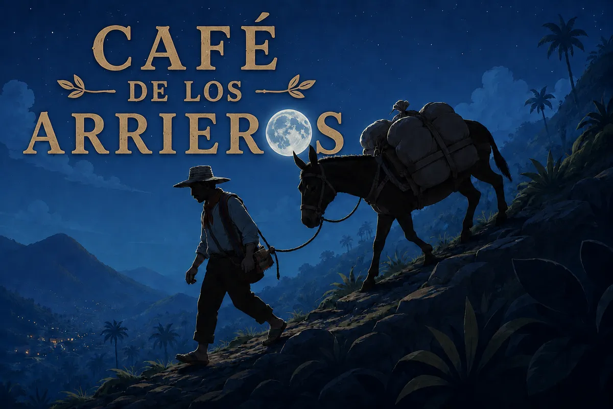 Ilustración del arriero y su mula cargada de café subiendo la trocha de montaña bajo la luna